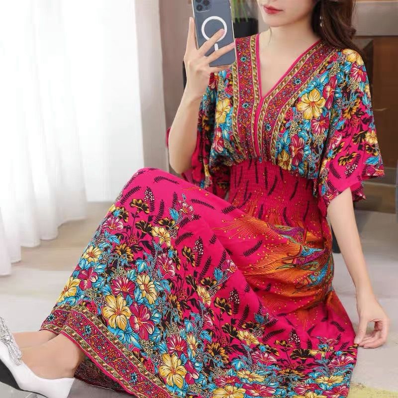 Cotton silk dress beach ethnic large size floral print seaside vacation bohemian fairy dress long skirt