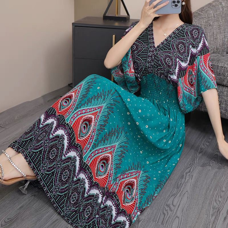 Cotton silk dress beach ethnic large size floral print seaside vacation bohemian fairy dress long skirt