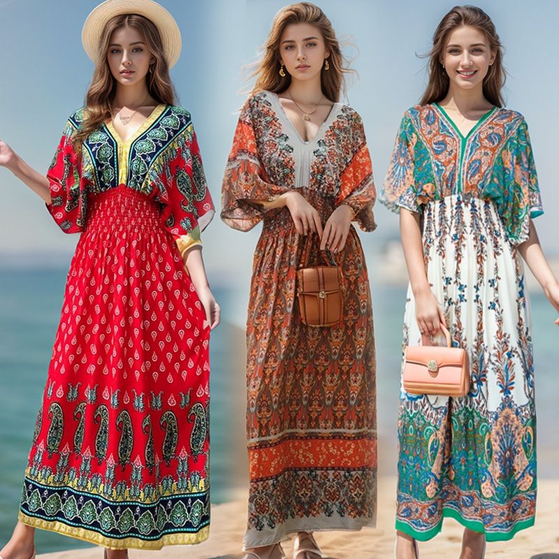 Cotton silk dress beach ethnic large size floral print seaside vacation bohemian fairy dress long skirt