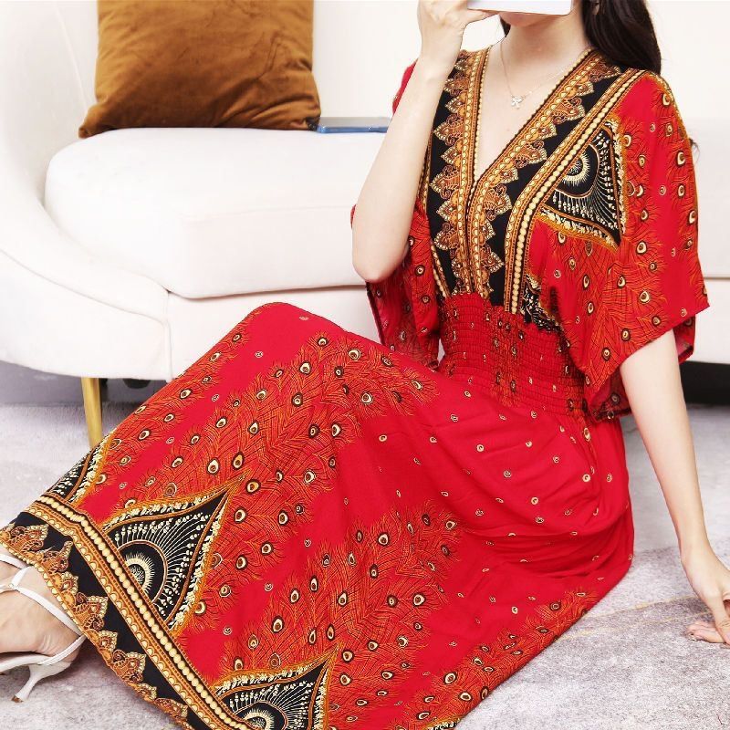 Cotton silk dress beach ethnic large size floral print seaside vacation bohemian fairy dress long skirt