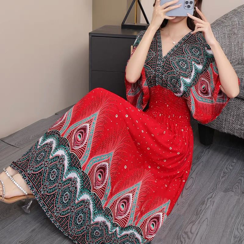 Cotton silk dress beach ethnic large size floral print seaside vacation bohemian fairy dress long skirt