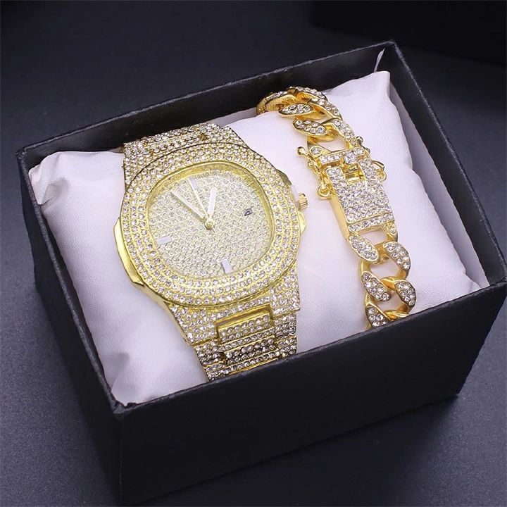 2Pcs/Set Hip Hop Men Diamond Watch +Bracelets Gold Iced Out Crystal Miami Cuban Chain Watch Men Luxury Iced Out Gold Watch+Gift Box +Bracelet Set