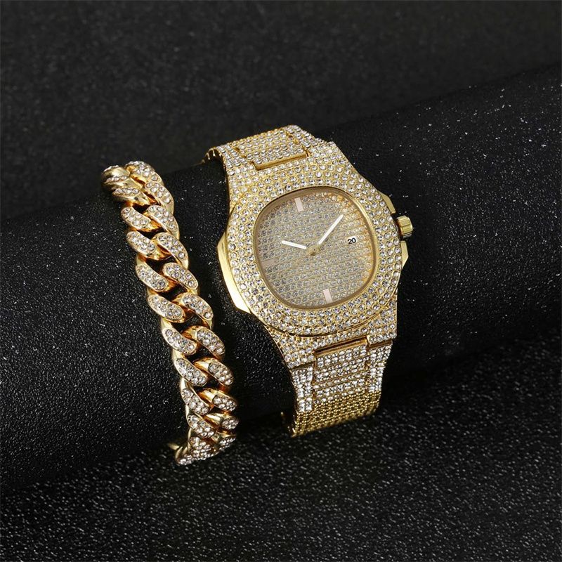 2Pcs/Set Hip Hop Men Diamond Watch +Bracelets Gold Iced Out Crystal Miami Cuban Chain Watch Men Luxury Iced Out Gold Watch+Gift Box +Bracelet Set