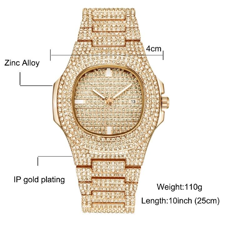 2Pcs/Set Hip Hop Men Diamond Watch +Bracelets Gold Iced Out Crystal Miami Cuban Chain Watch Men Luxury Iced Out Gold Watch+Gift Box +Bracelet Set