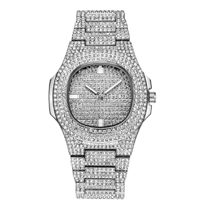 2Pcs/Set Hip Hop Men Diamond Watch +Bracelets Gold Iced Out Crystal Miami Cuban Chain Watch Men Luxury Iced Out Gold Watch+Gift Box +Bracelet Set