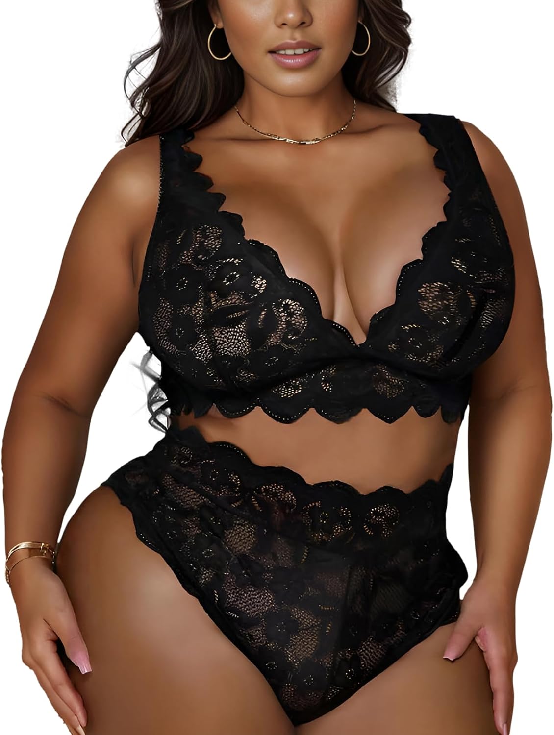 Women Plus Size 2 Piece Lingerie Sexy Floral Lace Scallop Trim Bralette and High Waist Panty Set