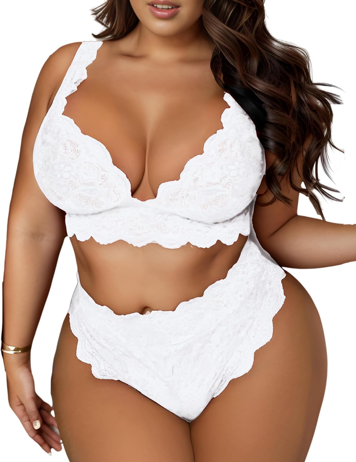 Women Plus Size 2 Piece Lingerie Sexy Floral Lace Scallop Trim Bralette and High Waist Panty Set