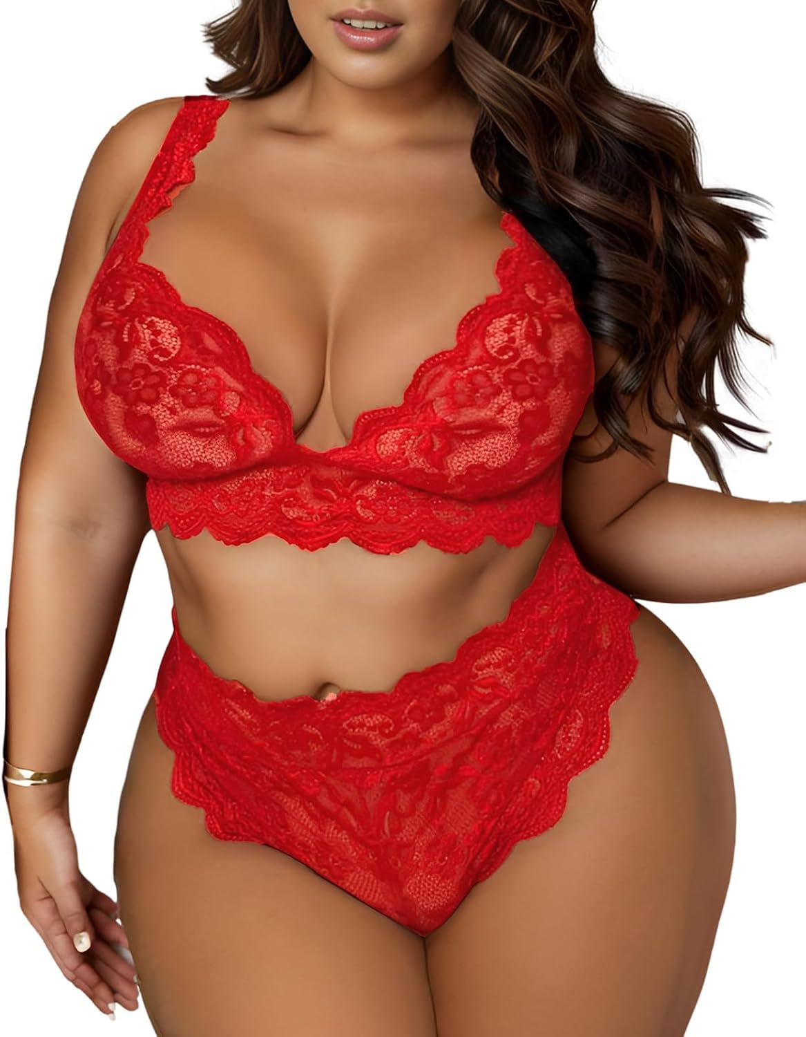 Women Plus Size 2 Piece Lingerie Sexy Floral Lace Scallop Trim Bralette and High Waist Panty Set