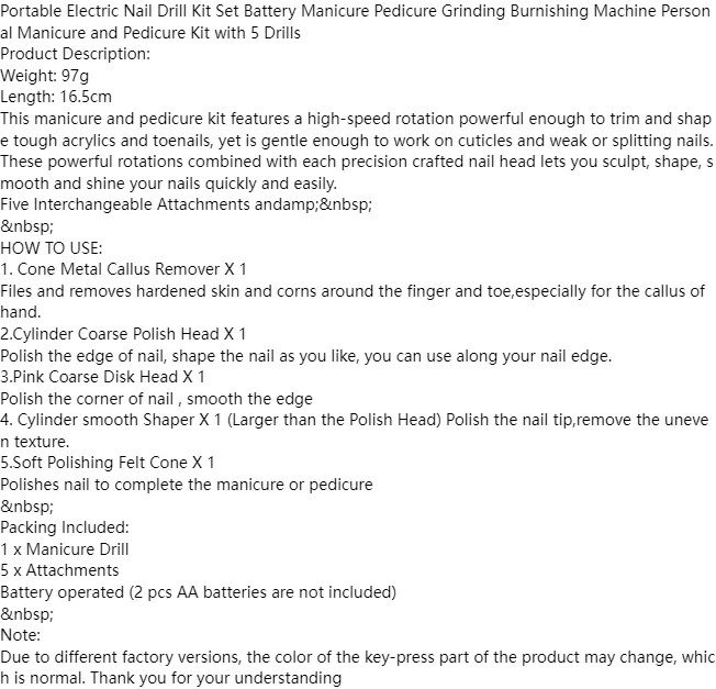 Electric Nail Drill Kit Manicure 5 Drills Grinding Burnishing Machine Nail art Manicure Pedicure Kit,Electric Nail Portable Mini Nail Grinding Tool with 5 Drills Personal Care