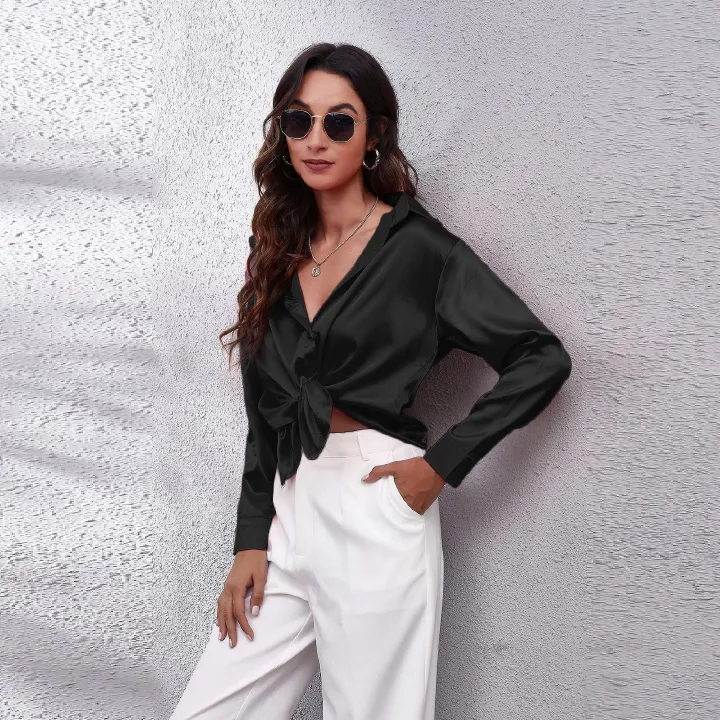 Hot selling real shot color Ding shirt women's satin imitation silk long sleeved shirt new European and American cross-border women's clothing