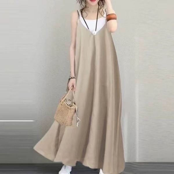 Women Casual Loose Solid Skirt V-Neck Open Back Sexy Maxi Dress Sleeveless Women Party Dress