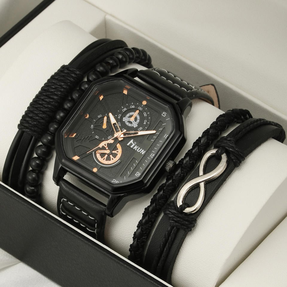 Large dial, fashionable new double layered square case belt, casual men's sports personalized bracelet set, quartz watch