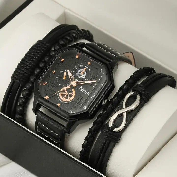 Large dial, fashionable new double layered square case belt, casual men's sports personalized bracelet set, quartz watch
