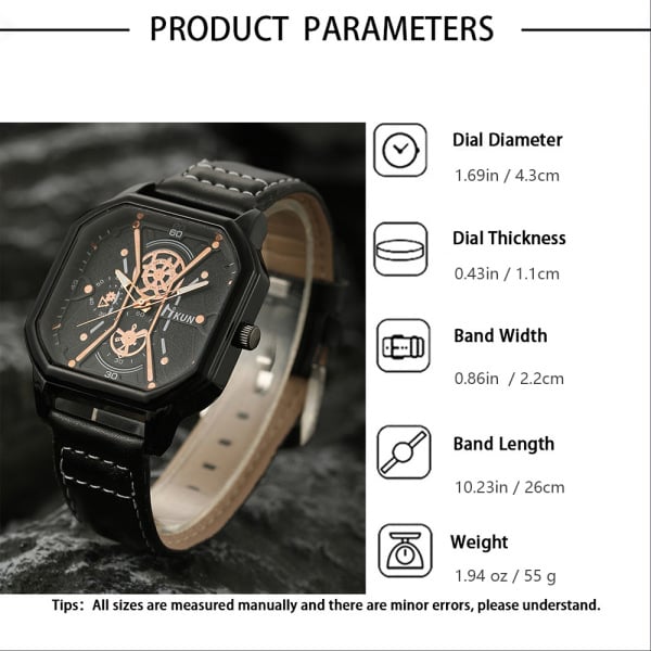 Large dial, fashionable new double layered square case belt, casual men's sports personalized bracelet set, quartz watch