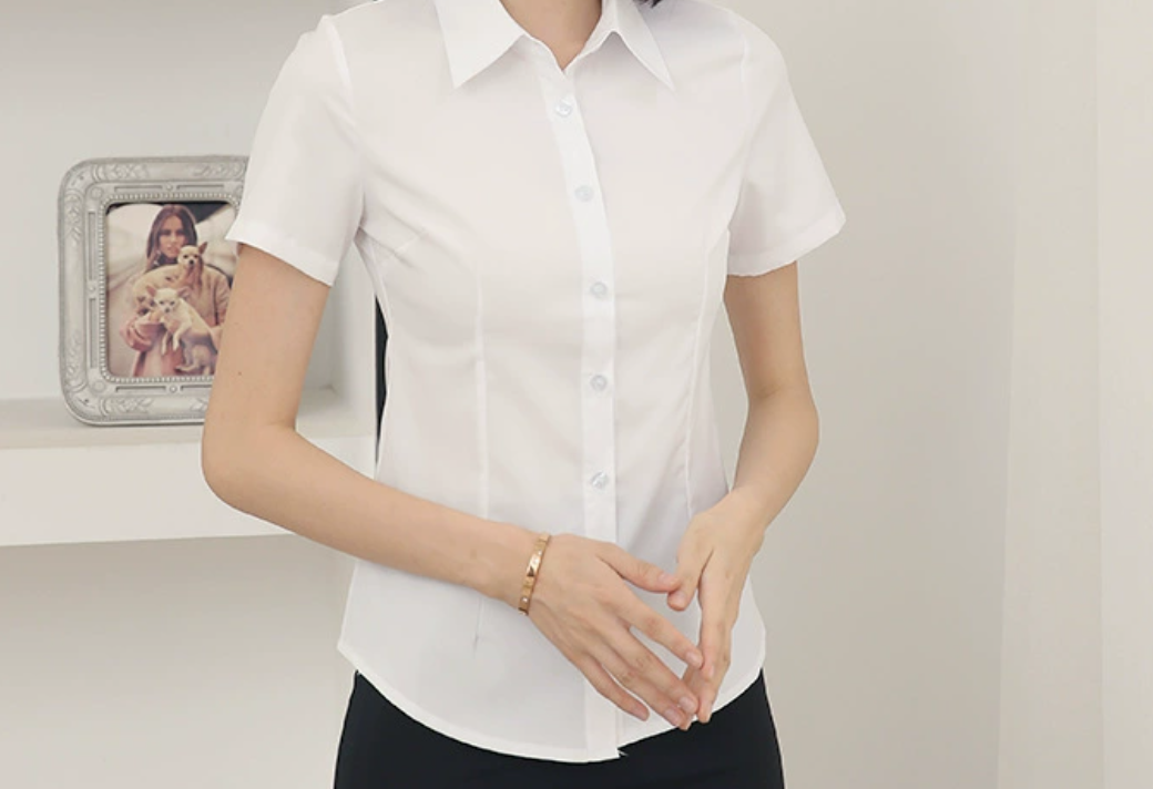 Women's short sleeved professional dress, formal work clothes, slim fit elastic cotton material, no ironing top polo shirts