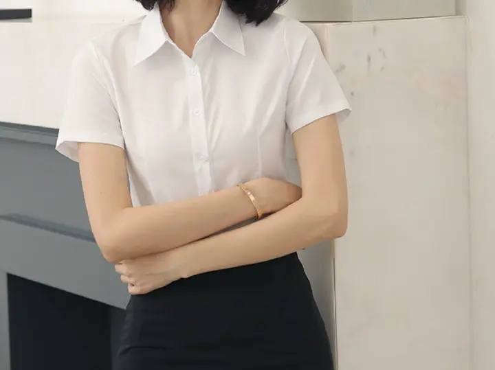 Women's short sleeved professional dress, formal work clothes, slim fit elastic cotton material, no ironing top polo shirts