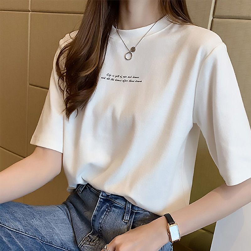 Summer New Korean Edition Loose Letter Printed Short Sleeve T-shirt for Female Students to Dress Up in Women's Clothing, One Piece Hair Collection