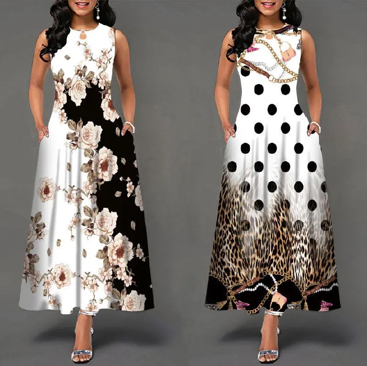 European and American sleeveless long dresses, women's positioning, printed large hem dresses, bohemian retro Long skirt