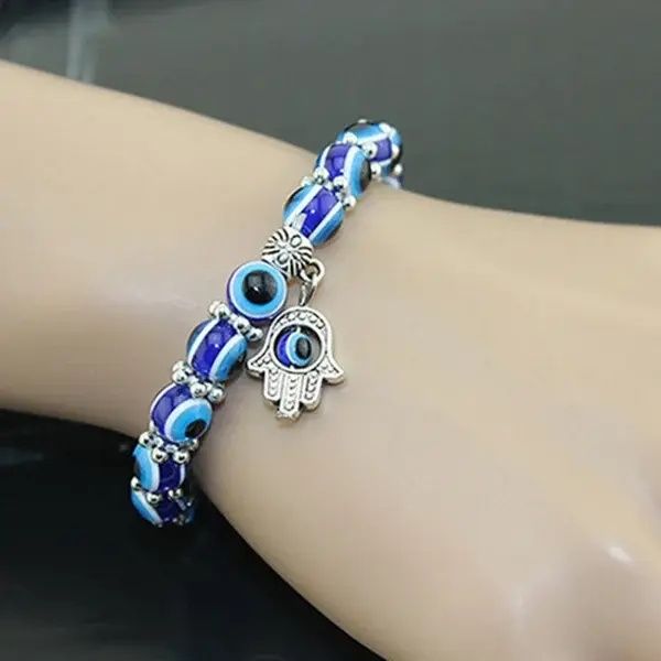 Unisex Vintage Pulseras Handmade Hamsa Fatima Bangle Evil Eye Beads Elastic Couple Bracelet Jewelry