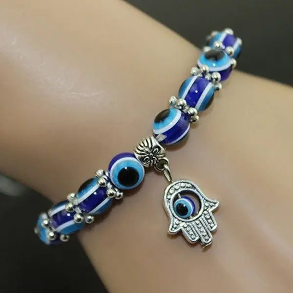 Unisex Vintage Pulseras Handmade Hamsa Fatima Bangle Evil Eye Beads Elastic Couple Bracelet Jewelry