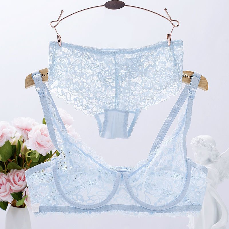 Women's sexy all lace transparent bra set gathers girls' ultra-thin breathable and comfortable soft underwear