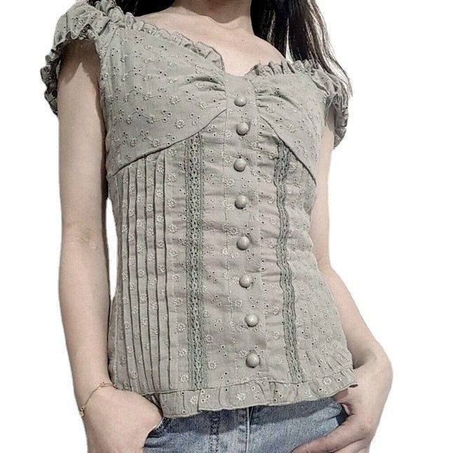 French girl lace lace slimming short sleeved T-shirt 2024 cross-border new V-neck buckle shaping hot girl top for women