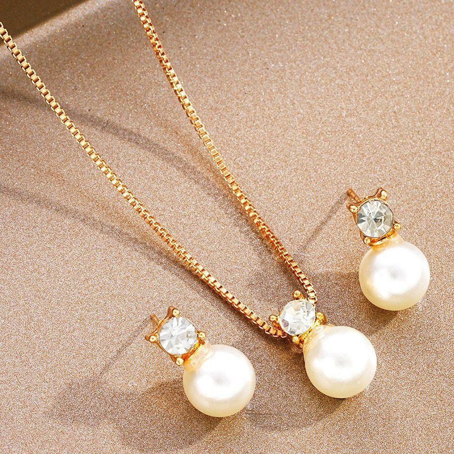 Light Luxury Zircon Pearl Earrings Necklace Collarbone Chain Set Women'S Fashion Versatile High-End Jewelry