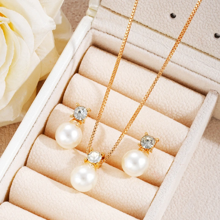 Light Luxury Zircon Pearl Earrings Necklace Collarbone Chain Set Women'S Fashion Versatile High-End Jewelry