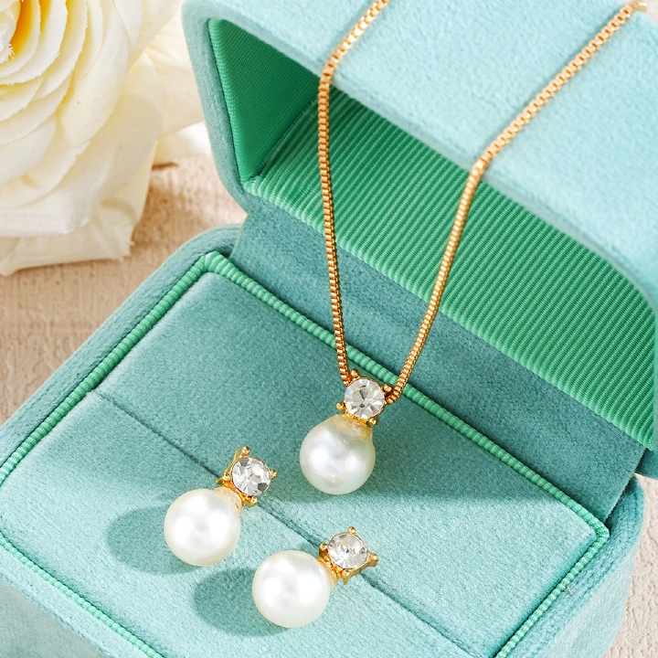 Light Luxury Zircon Pearl Earrings Necklace Collarbone Chain Set Women'S Fashion Versatile High-End Jewelry