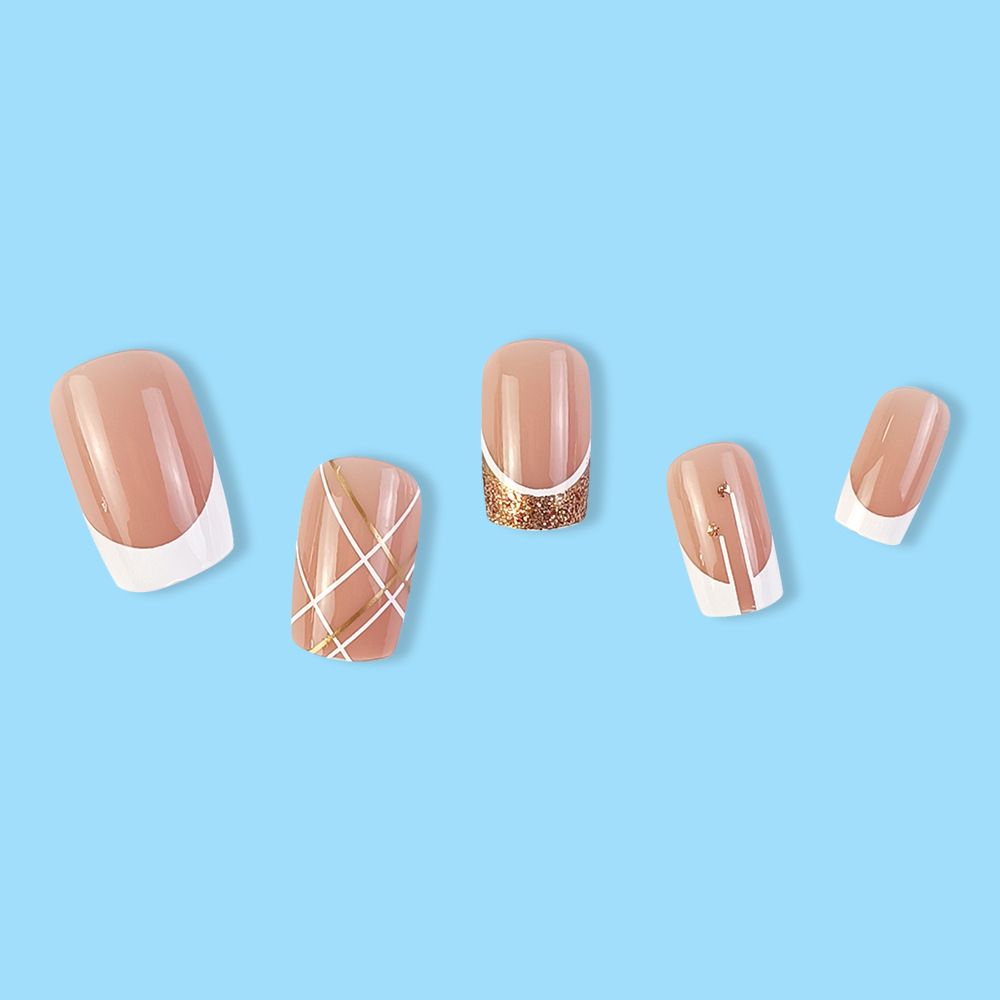 24Pcs/Set Short French Wearing Fake Nails Art Pink Gentle Girl Glitter Pearlized Press on Nail Tips Cute Natural Sweet Ins Style