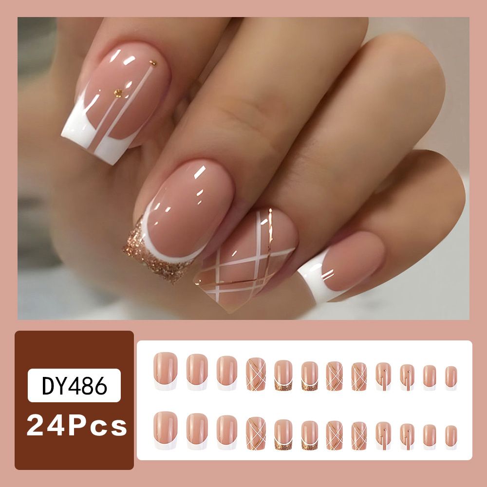 24Pcs/Set Short French Wearing Fake Nails Art Pink Gentle Girl Glitter Pearlized Press on Nail Tips Cute Natural Sweet Ins Style