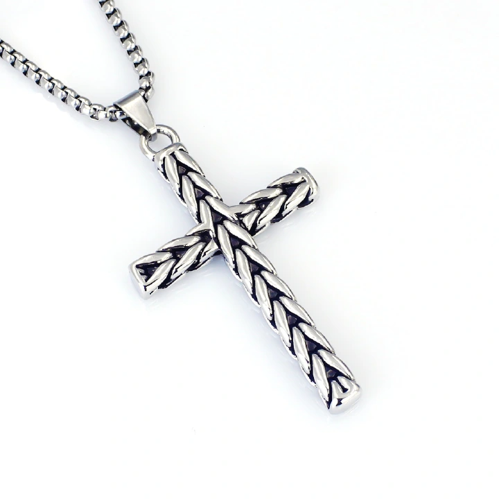 Stainless Steel Retro Wheat Ear Cross Hip-Hop Necklace Men'S Cross-Border Titanium Steel European And American Personality Pendant