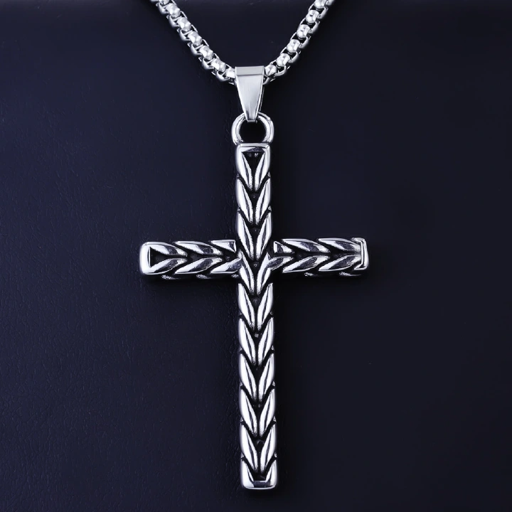 Stainless Steel Retro Wheat Ear Cross Hip-Hop Necklace Men'S Cross-Border Titanium Steel European And American Personality Pendant
