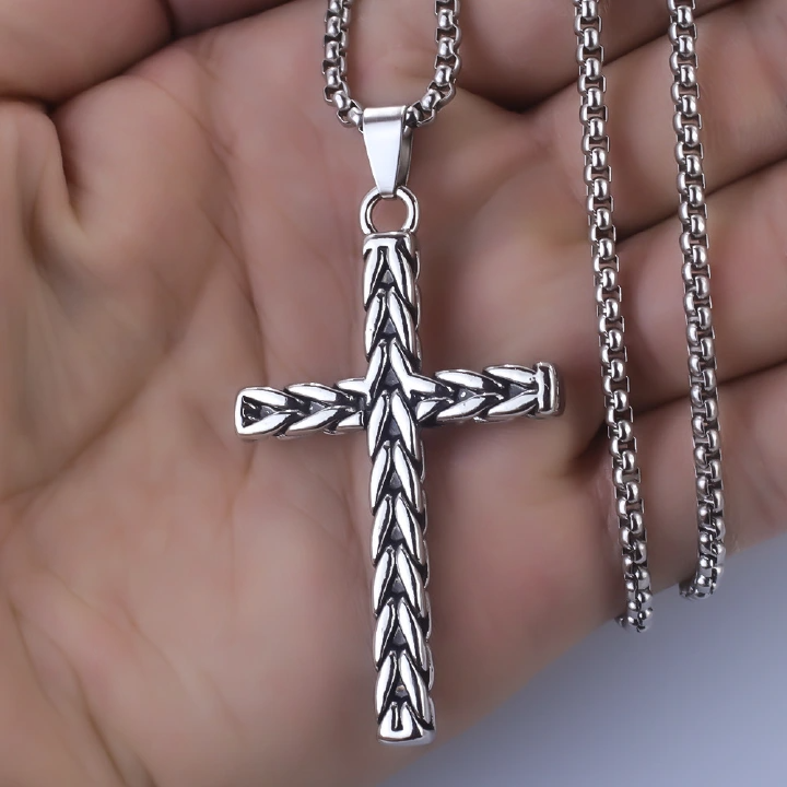 Stainless Steel Retro Wheat Ear Cross Hip-Hop Necklace Men'S Cross-Border Titanium Steel European And American Personality Pendant
