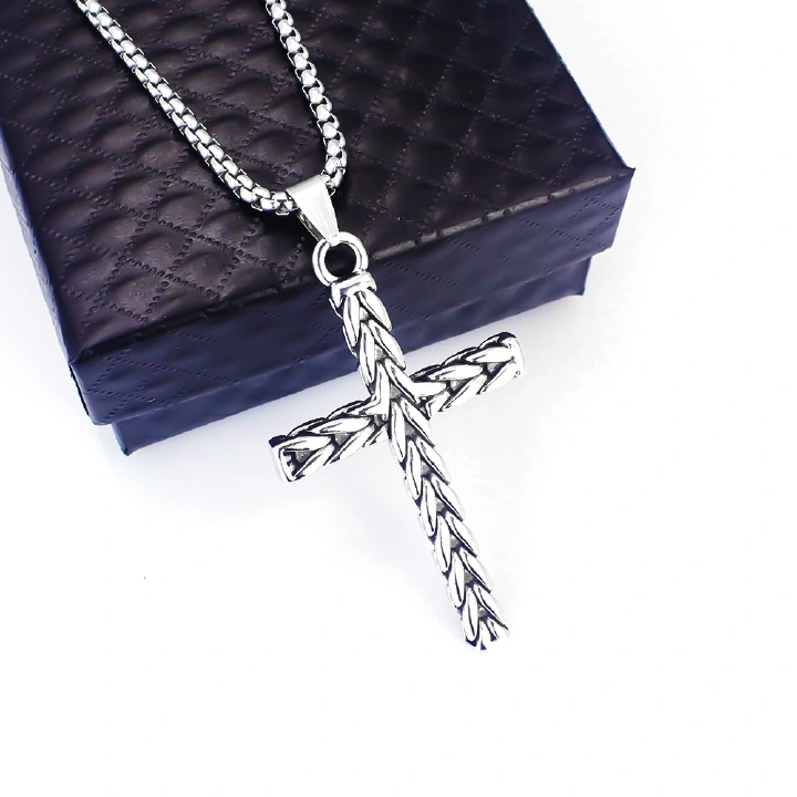 Stainless Steel Retro Wheat Ear Cross Hip-Hop Necklace Men'S Cross-Border Titanium Steel European And American Personality Pendant