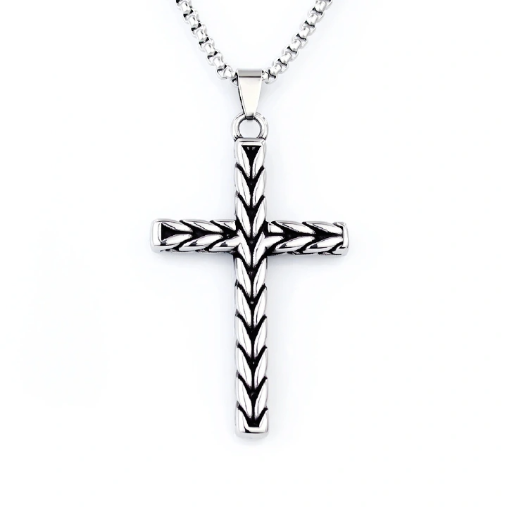 Stainless Steel Retro Wheat Ear Cross Hip-Hop Necklace Men'S Cross-Border Titanium Steel European And American Personality Pendant