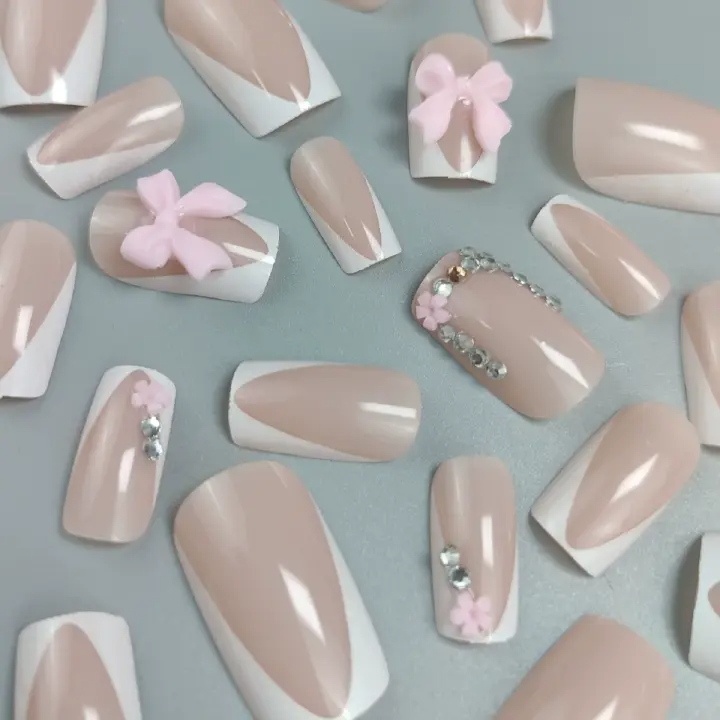 24Pcs Wearable Colorful Butterfly Designs French Press on Nails Long Ballet False Nails with Rhinestone acrylic Fake Nails tips