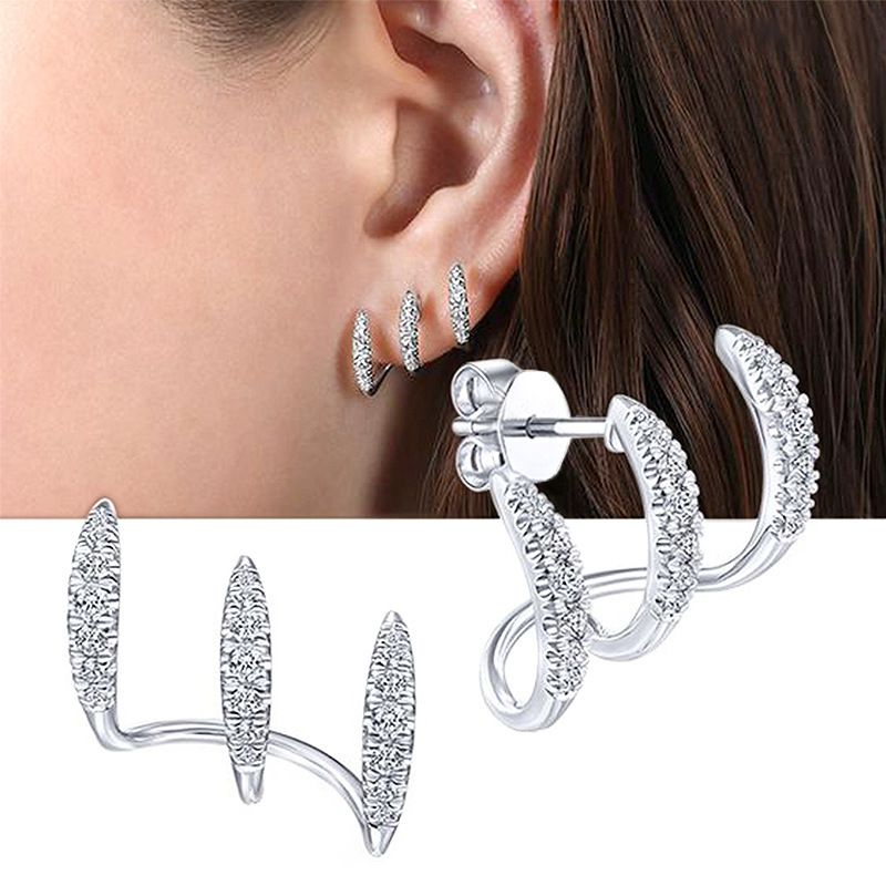 New ear-pierced earrings with diamond inlays, designed in a TikTok minimalist style, featuring three layers of arc-shaped stud earrings