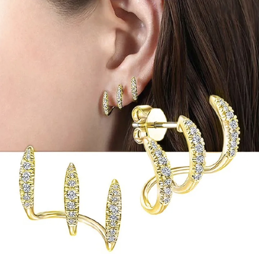 New ear-pierced earrings with diamond inlays, designed in a TikTok minimalist style, featuring three layers of arc-shaped stud earrings