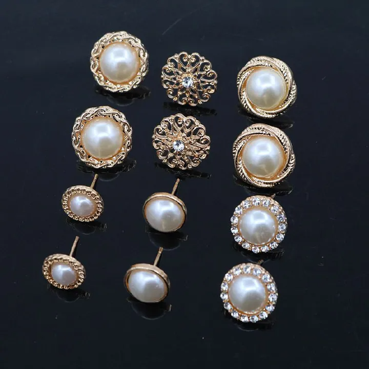 12Pcs Earring Set Vintage Rhinestones Flower Pearl Stud Earrings12 Piece Combination Set 6 Pairs Of Gold Earrings Earrings
