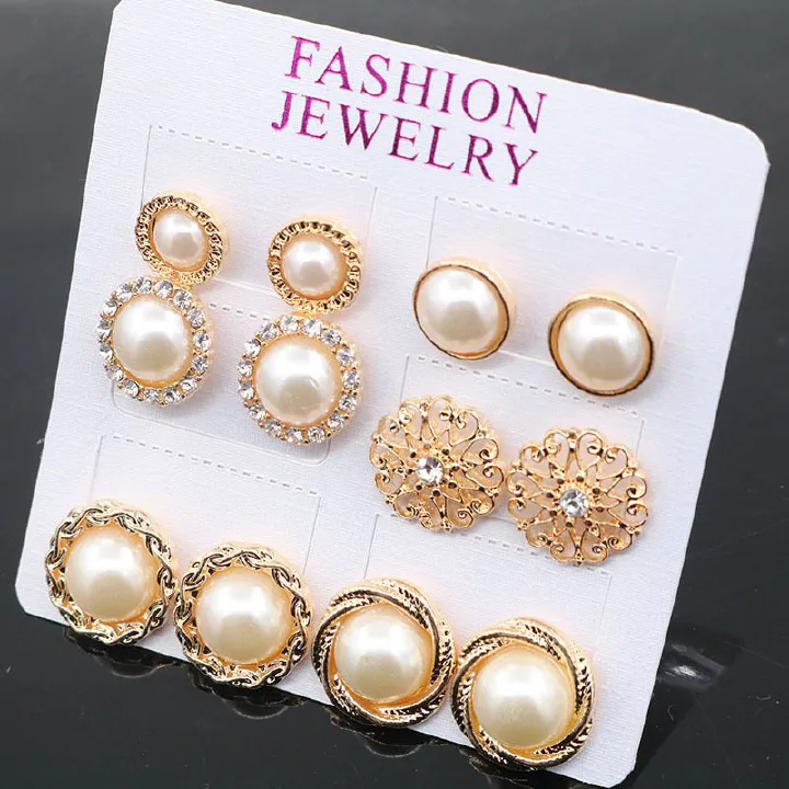 12Pcs Earring Set Vintage Rhinestones Flower Pearl Stud Earrings12 Piece Combination Set 6 Pairs Of Gold Earrings Earrings