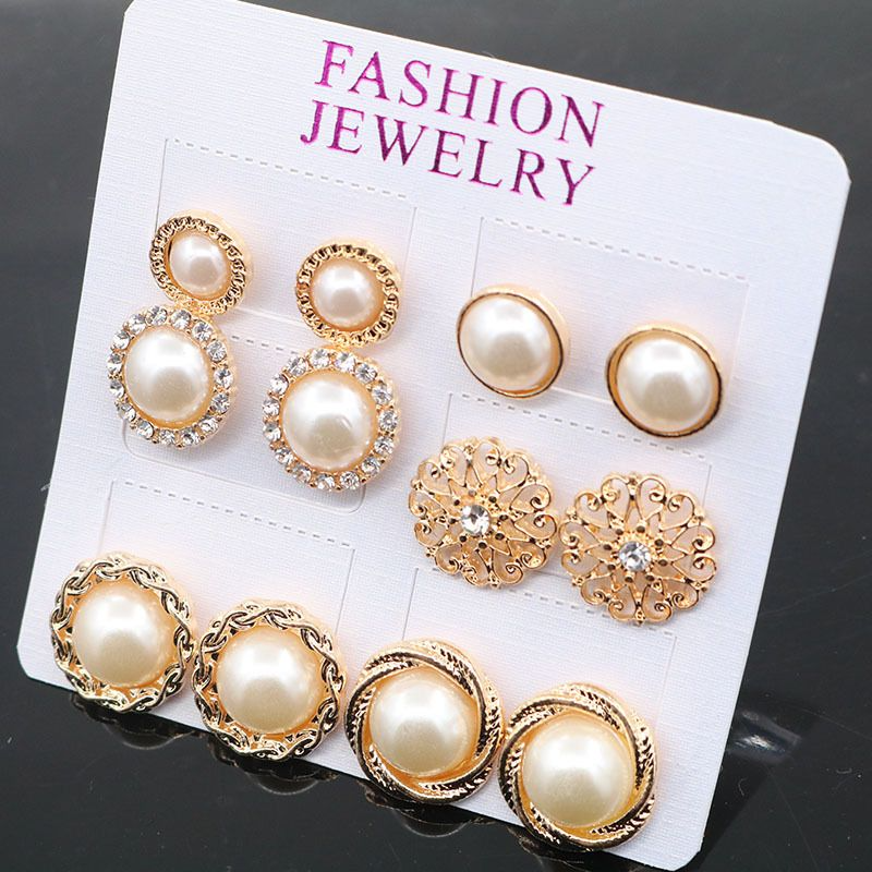 12Pcs Earring Set Vintage Rhinestones Flower Pearl Stud Earrings12 Piece Combination Set 6 Pairs Of Gold Earrings Earrings