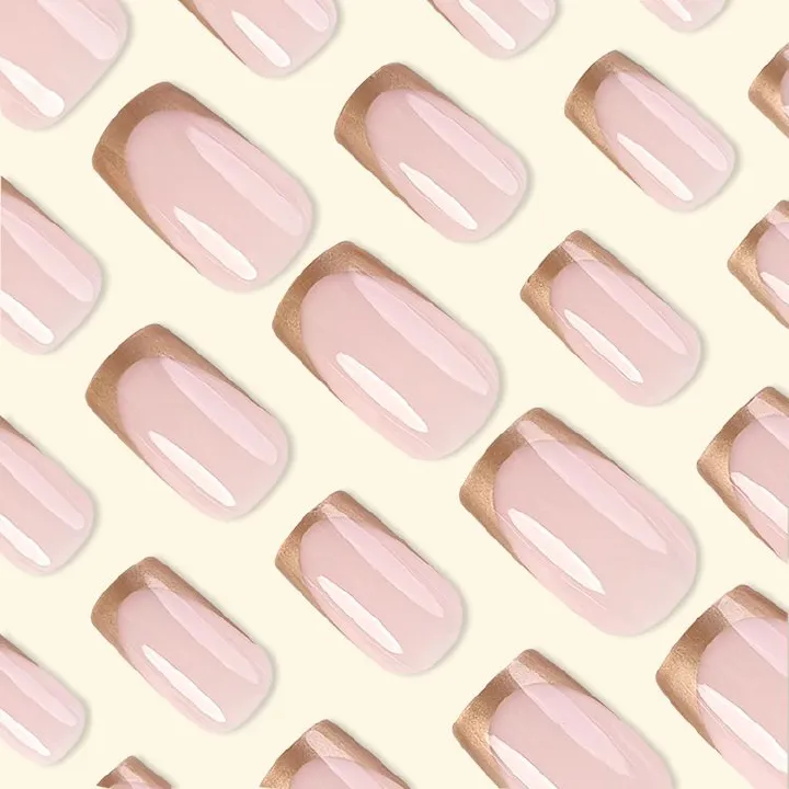 24pcs French Tip Wearable Fake Nails Reusable Stick On Nails Press on Full Cover False Nail Tips with Jelly Stickers Makeup Accessories Metallic Color