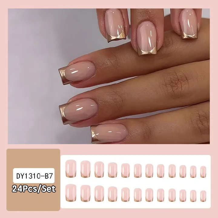 24pcs French Tip Wearable Fake Nails Reusable Stick On Nails Press on Full Cover False Nail Tips with Jelly Stickers Makeup Accessories Metallic Color