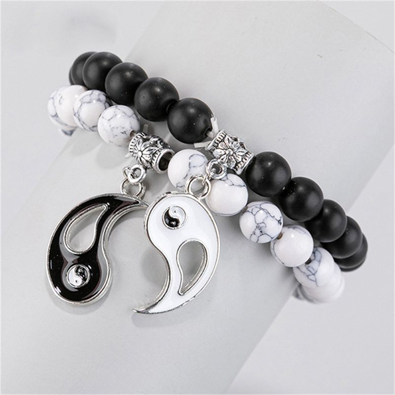 2pcs Pendant Stone Beads Couple Bracelets For Women Mens Magnet Attraction Paired Bracelets Charming Lover Strand Bead Bangle