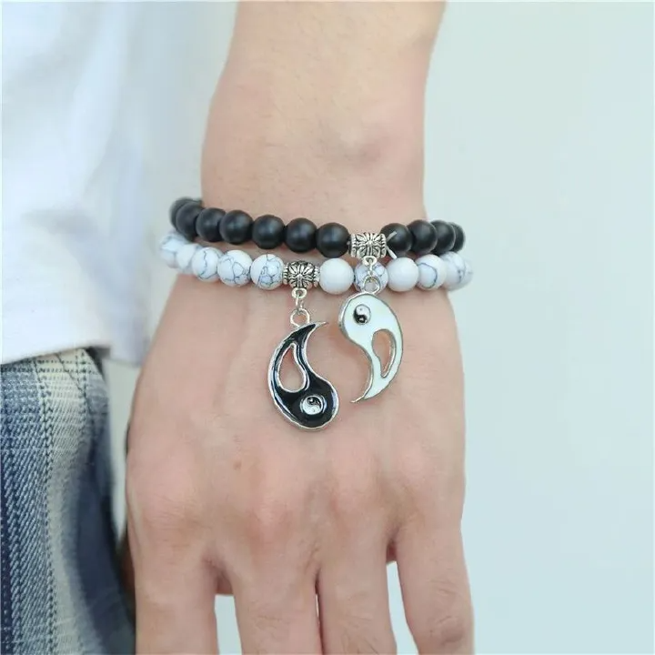 2pcs Pendant Stone Beads Couple Bracelets For Women Mens Magnet Attraction Paired Bracelets Charming Lover Strand Bead Bangle