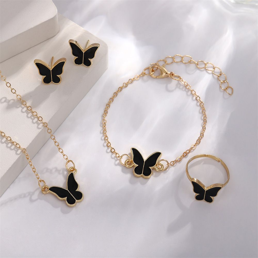5Pcs Butterfly Jewelry Sets Crystal Acrylic Romantic Bracelet Ring Necklace Earring Set for Women Wedding Dinner Dress Accessories