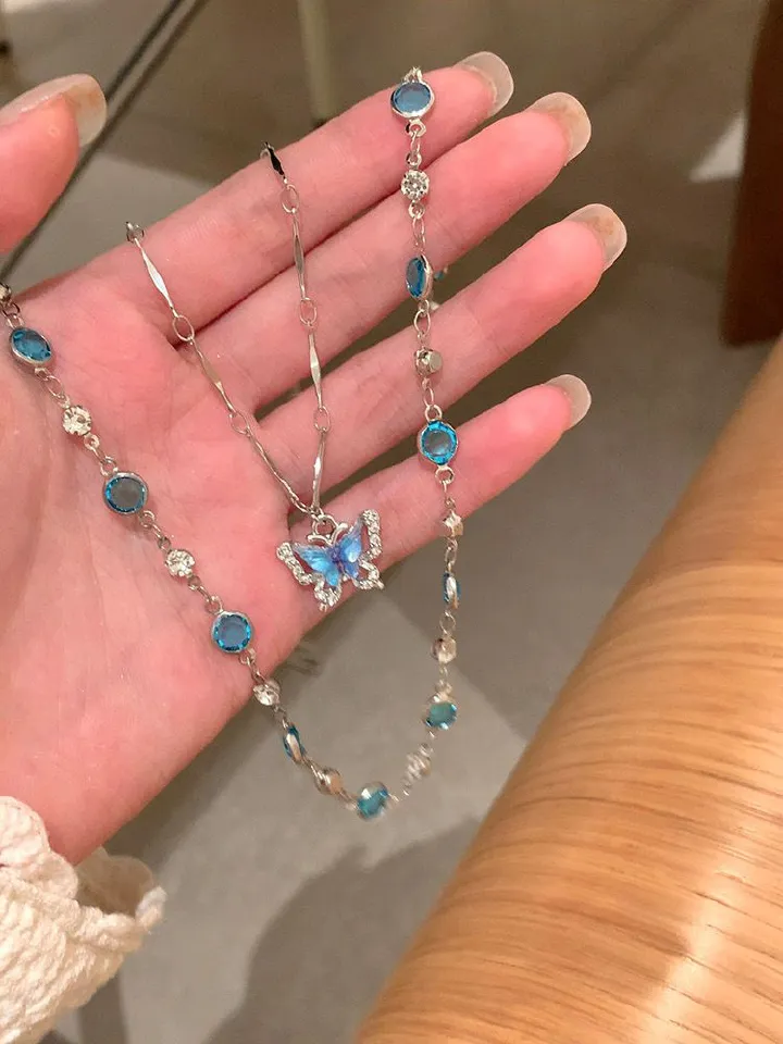 Romantic Blue Crystal Butterfly Necklace for Women Girls Simple Shiny Zircon Bilayer Choker Clavicle Chain New Fine Jewelry Gift