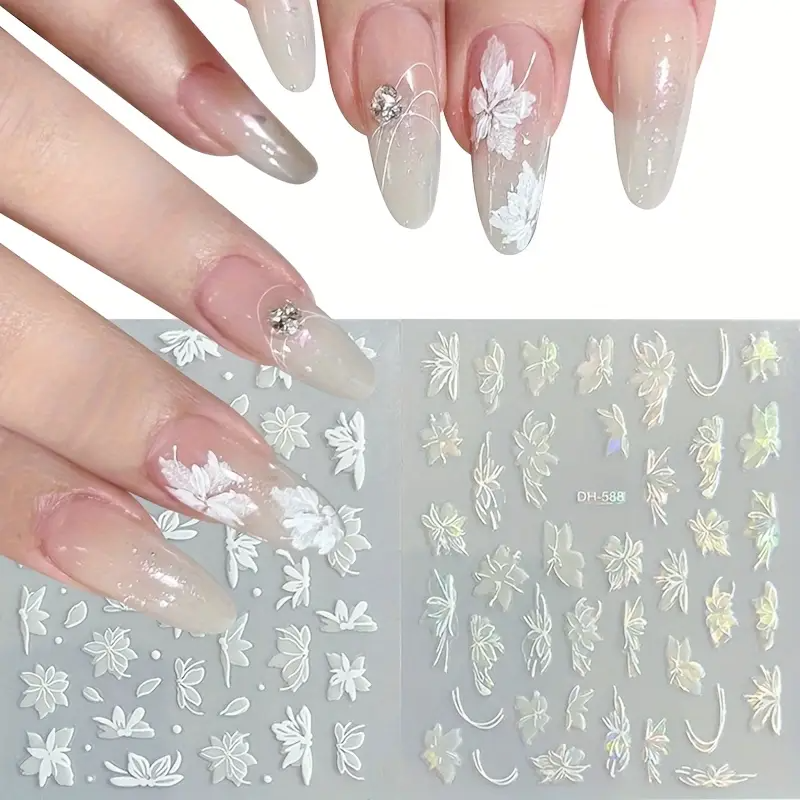 2pcs Waterproof & Oil-Resistant PET Nail Stickers and Decals, Elegant White Orchid 3D Nail Stickers, Self-Adhesive Petal Nails, Suitable for DIY Wedding Nail Decorations view 7