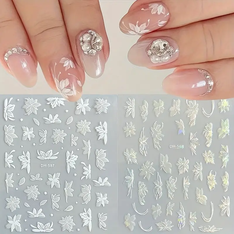 2pcs Waterproof & Oil-Resistant PET Nail Stickers and Decals, Elegant White Orchid 3D Nail Stickers, Self-Adhesive Petal Nails, Suitable for DIY Wedding Nail Decorations view 9